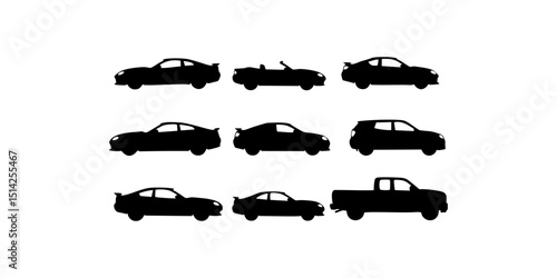a collection of nine black silhouette icons representing various types of cars, arranged in three rows of three cars each. Each silhouette depicts the side profile of a vehicle, showing a variety of b