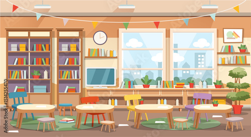 School class or kindergarten interior with kids sitting behind desks. Cartoon style vector illustration.