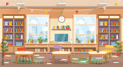 School class or kindergarten interior with kids sitting behind desks. Cartoon style vector illustration.