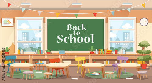 School class or kindergarten interior with kids sitting behind desks. Cartoon style vector illustration.