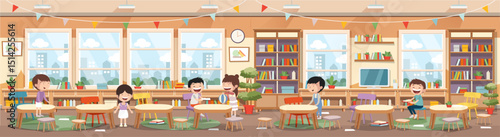 School class or kindergarten interior with kids sitting behind desks. Cartoon style vector illustration.