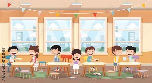 School class or kindergarten interior with kids sitting behind desks. Cartoon style vector illustration.