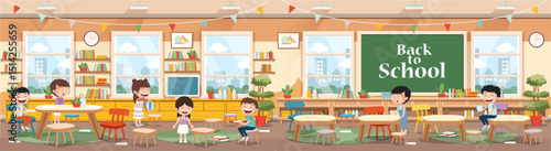 School class or kindergarten interior with kids sitting behind desks. Cartoon style vector illustration.