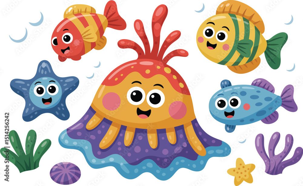 Naklejka premium A cartoon illustration featuring a jellyfish, fish, starfish, seaweed, and bubbles on a white background