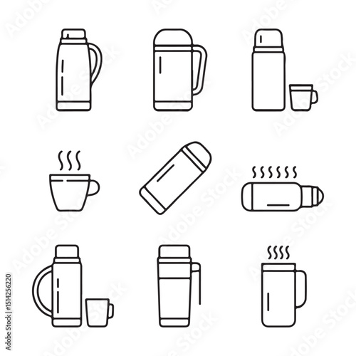 Thermos Icon Set for Travel. Collection of Outline Thermoses and Coffee Cups

