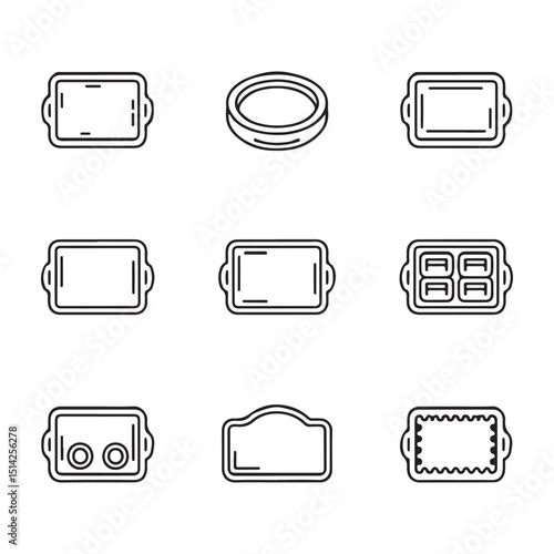 Tray Icon Set for Serving. Vector Illustration of Different Baking Trays and Dishes
