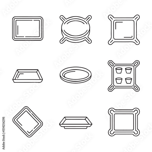Tray Icon Set for Serving. Vector Illustration of Different Baking Trays and Dishes
