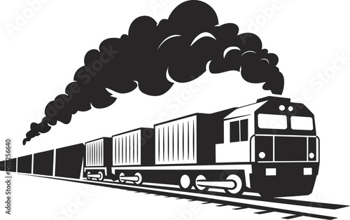 A black and white illustration of a train with smoke billowing above it on a white background scene art