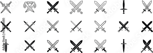 A collection of various sword designs arranged in a grid pattern on a white background display