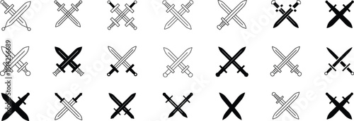 A grid of eighteen crossed sword icons in black and white showing various styles and designs of blades