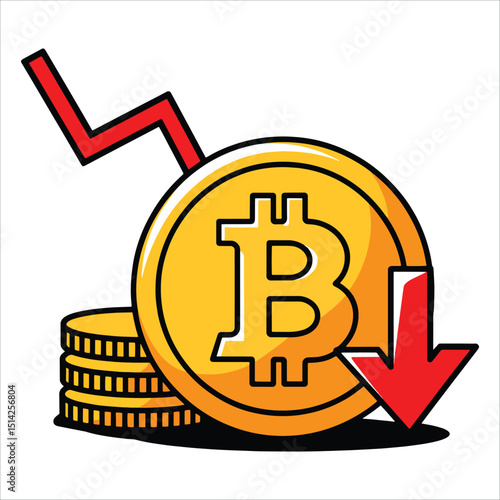 Falling Bitcoin price vector art depicting crypto market downturn. Perfect for volatility concepts, risk assessment infographics, and trading analysis visuals.