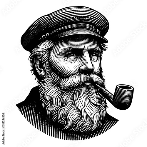 Detailed  enngraving of old sailor with long beard smoking pipe.  Image shows mature man in captain's hat, detailed facial features and textured beard.