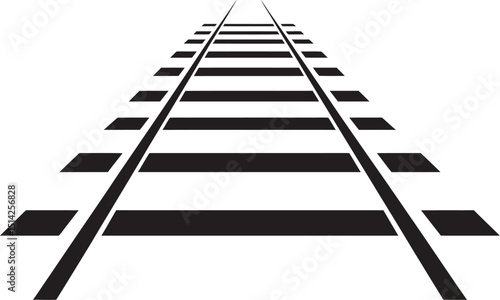 A black and white illustration of a railroad track receding into the distance on a white background