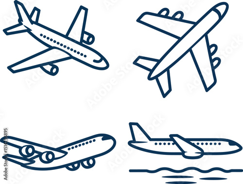 Four airplane icons in different positions with a simple outline style on a white background graphic design
