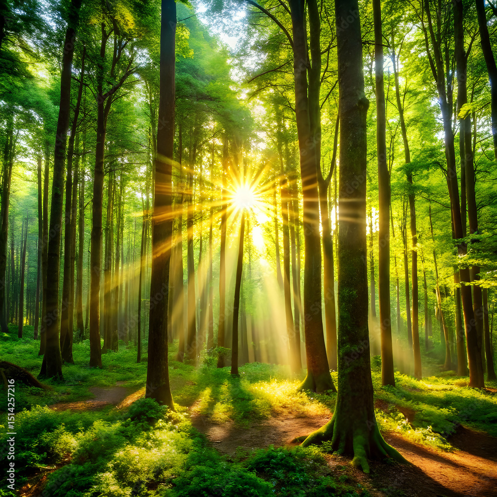 Fototapeta premium Dense forest with sunlight filtering through trees