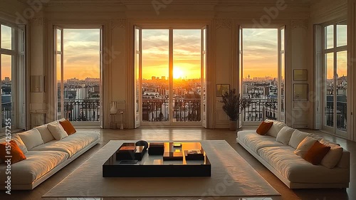 Luxurious Apartment Interior with Sunset View in Paris Offers a Tranquil and Elegant Lifestyle