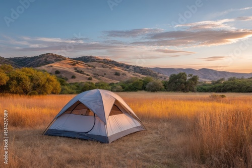 Camping tent in sunset scene on white background