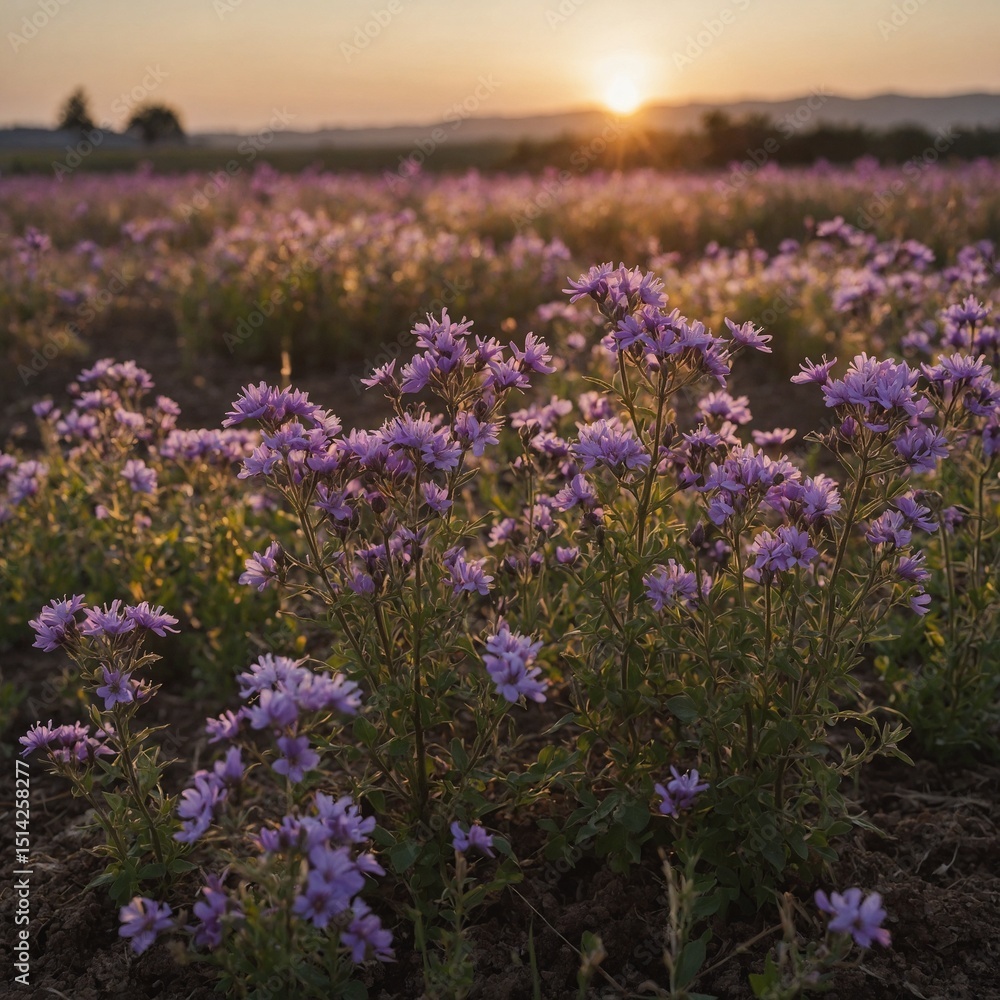 Naklejka premium Close-up of purple flowers growing on field during sunset 