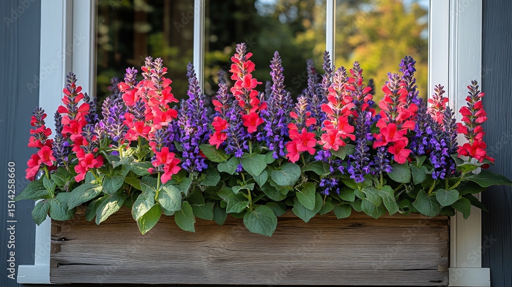 Naklejka premium Vibrant Window Box Flowers with Red Pink Purple, and Garden.