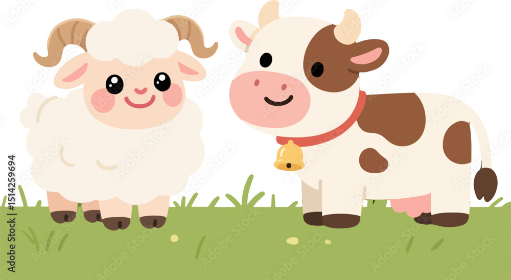 Farm Animals Cartoon with Smiling Goat and Cow Farm Animals Cartoon with Smiling Goat and Cow