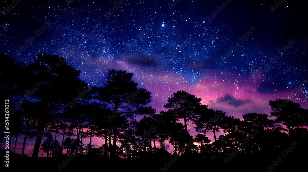 Naklejka premium Majestic night sky over silhouetted pine forest starry night