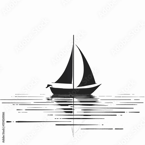 Silhouette of a sailboat on water with reflections and white background
