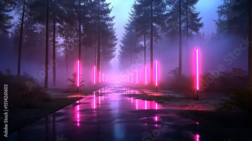 Pink neon lights illuminate a pathway through a foggy forest at night.  The wet ground reflects the vibrant glow, creating a surreal atmosphere