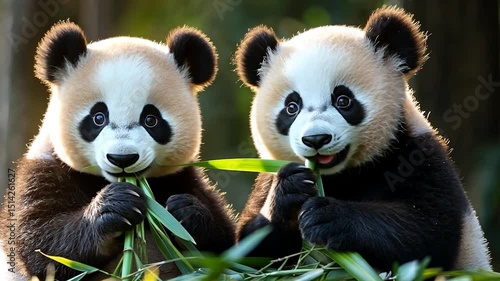 Two adorable panda cubs enjoy a meal of fresh bamboo shoots together in a lush green forest setting. Sunlight filters through the trees, illuminating the scene