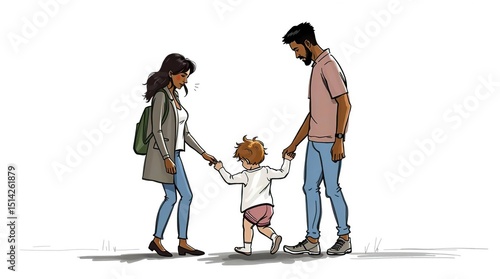 Drawing of mom and dad holding hands of a toddler learning to walk