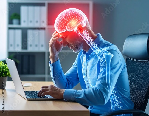 Man with headache at computer