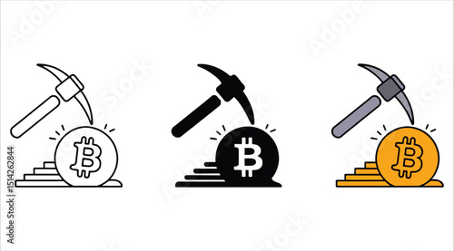 Vector Bitcoin mining illustration, crypto network sign. Ideal for investment, blockchain, and DeFi designs.