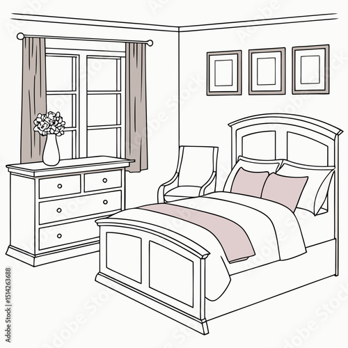 Bedroom interior design sketch modern furniture wooden bed dresser