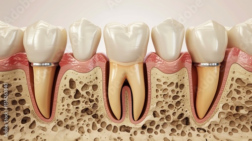 Highly detailed cross section of a dental implant fusing with the jawbone realistic medical style background
