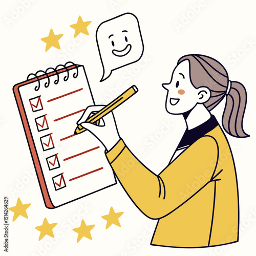 Woman completing checklist feeling happy and successful stars