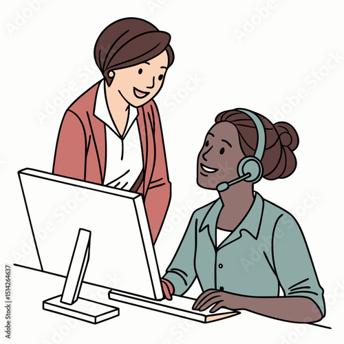 Professional diverse women teamwork computer support transparent png