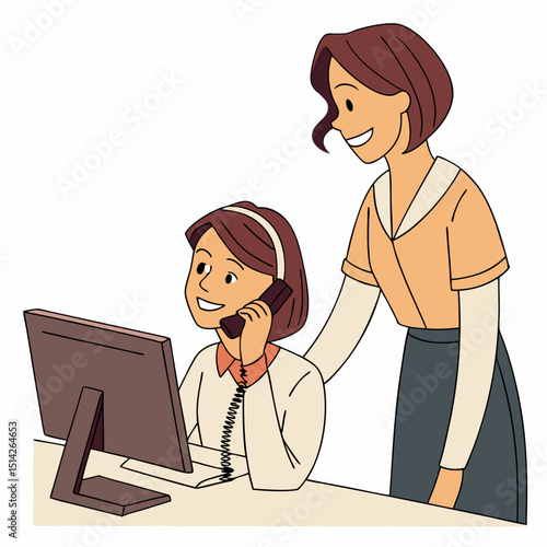 Professional woman supervising employee on computer with phone call