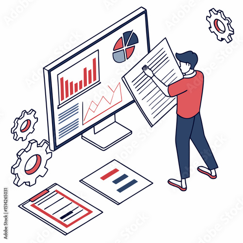 Business analyst reviewing monthly report on computer screen, document and graphs around, 
