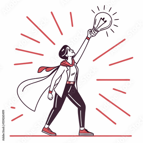 Woman superhero reaching for bright idea lightbulb innovation concept