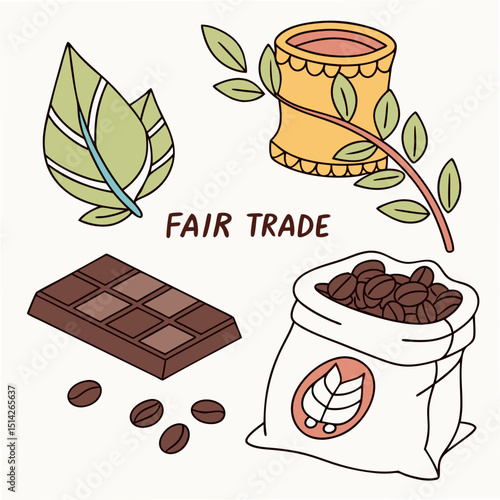 Fair trade coffee beans chocolate leaves professional design element