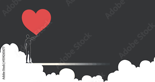 Silhouette of a person holding a red heart above the clouds against a dark background.
