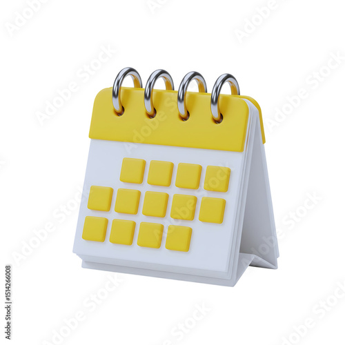 3D Render of a Yellow and White Desk Calendar with Metal Rings on a Black Background for Planning and Scheduling Purposes