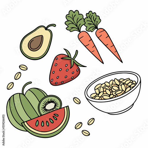 Healthy eating illustration with fruits and vegetables on white background