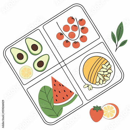Fresh fruit and vegetable tray healthy eating illustration graphic design element