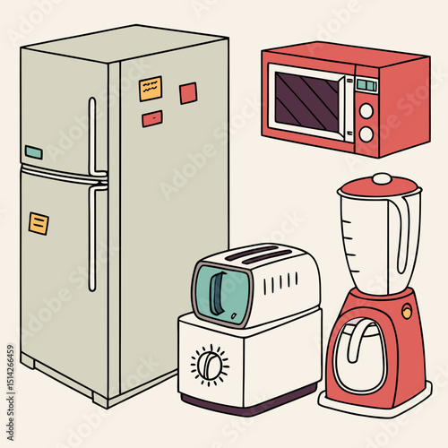 Kitchen appliances refrigerator microwave blender toaster illustration