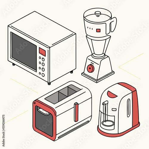 Modern kitchen appliances isometric illustration microwave toaster blender coffee maker