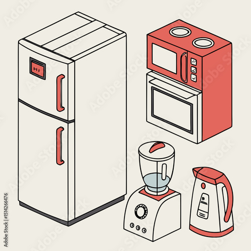 Kitchen appliances isometric illustration refrigerator blender microwave kettle
