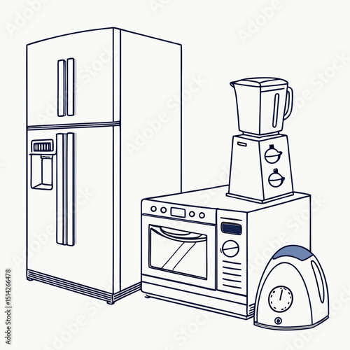 Kitchen appliances refrigerator microwave blender toaster outline drawing