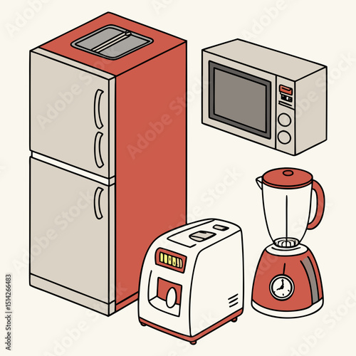 Retro kitchen appliances refrigerator toaster blender microwave