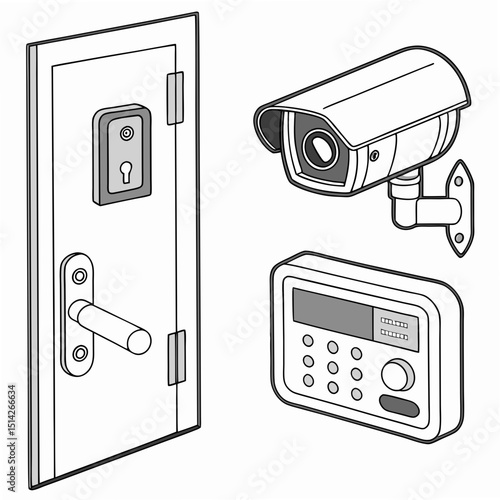 Security system elements door camera control panel isolated illustration