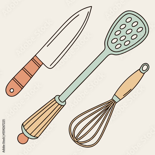 Kitchen utensils cartoon illustration cooking tools whisk spatula knife
